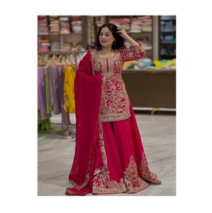 Ensemble élégant de haut de fête, sharara et dupatta, en soie chinon lourde, avec pantalon palazzo tendance pour tenue de fête et de cérémonie - Product Image 1