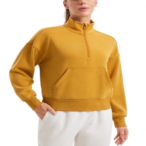 Custom <b>Women</b> Quarter Zip Sweatshirt Heavyweight Fleece Pullover Crop Top Casual Drop Shoulder <b>Long</b> Sleeve Solid Yellow <b>Hoodie</b> - Product Image 1