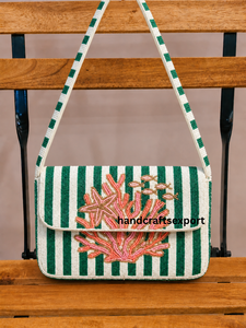 Custom Handmade Embroidery Coral Reef Beaded Eco-Friendly Shoulder Bag <b>Green</b> White Striped Ocean Theme Crossbody <b>Purse</b> Wholesale - Product Image 1
