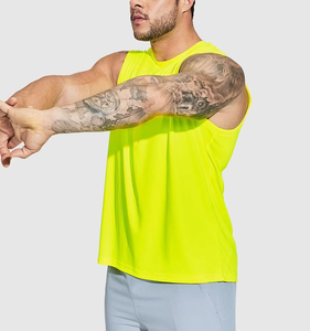 Men's <b>Neon</b> <b>Yellow</b> Sleeveless Tank <b>Top</b> O-Neck Breathable Quick Dry Solid Color Smart Casual Cotton Knitted Workout Shirt - Product Image 3