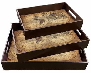 Bandeja de Madera con Diseño de Mapa del Mundo para Servir, Juego de 3 Bandejas Decorativas para el Hogar, Restaurantes y Comedores - Product Image 1