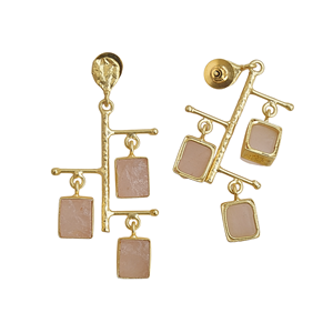 Pendientes Colgantes de Cuarzo Rosa en Bruto, Hechos a Mano, Chapados en Oro de 18K, Estilo Bohemio - Product Image 4