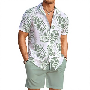 Men's Solid Button-Up Short Sleeve Shirt Shorts Set Swim Trunks Summer Outfit 100% Cotton Quick Dry 180g - Product Image 1