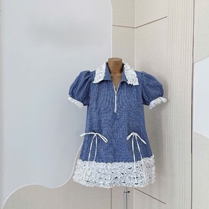 Robe Courte Décontractée à Carreaux avec Manches Bouffantes, Col en Dentelle Contrastant et Ourlet Droit, Silhouette Trapèze, Respirante, Vente en Gros - Product Image 1