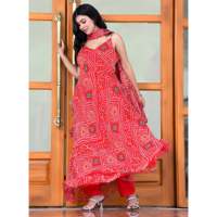 Ensemble Salwar Kameez décontracté en pur chiffon Bandhani rouge dessiné à la main, taille XS, pour femme, style maison, Inde Pakistan