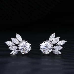 Round and Marquise Moissanite Flower Stud <b>Earrings</b> 5.50 TCW Colorless VVS 14K Gold Floral Cluster Screw <b>Back</b> Handmade Jewelry - Product Image 4