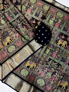 Sari en soie noir dessiné à la main pour femme, traditionnel indien pakistanais, longueur ras du sol, ethnique, coupe classique, toutes saisons - Product Image 1