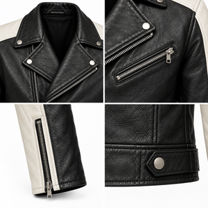 Veste de motard en cuir véritable noir et blanc pour homme avec fermeture éclair asymétrique, manches contrastées et poches zippées - Product Image 5