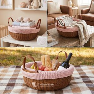 Cesta de Almacenamiento Redonda de Ratán Ecológica con Borde de Punto Afelpado, Cesta Decorativa Moderna Multifuncional para Guardería, Picnic, Cama para Mascotas - Product Image 4