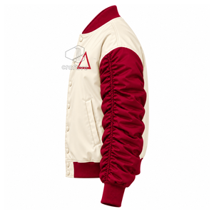 Delta | Sigma |   Chaqueta universitaria Theta para mujer con bloques de color, botones frontales con letras griegas, mangas abullonadas fruncidas, estilo bomber. - Product Image 3
