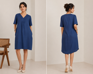 Robe midi plissée en coton bleu marine pour femme, col en V, avec poches, coupe ample décontractée, robe élégante d'été - Product Image 4