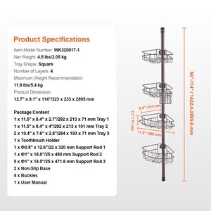 Portaoggetti angolare multifunzionale per doccia da 142-290 cm con asta a tensione robusta, vassoio portautensili resistente alla ruggine e portasciugamani premium - Product Image 4