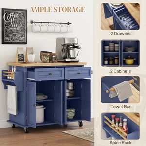Carrello da Cucina Moderno Blu Navy su Ruote con Piano in Rovere e Legno di Gomma, Porta Spezie, Portasciugamani, Cassetti, Design Portatile - Product Image 6