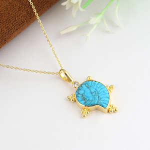 Handcrafted blue turquoise ammonite carving pendant <b>with</b> minimal zircon bezel set necklace 18k gold plated chain fashion jewelry - Product Image 2