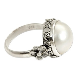 925 Sterling Silver <b>Moon</b> Pearl Flower <b>Ring</b> Handmade Boho Statement Jewelry Bridal Gift for Women - Product Image 2
