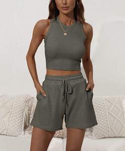 Conjunto Deportivo de Dos Piezas para Mujer, Sexy, Casual, Verano, Color Liso, Top Corto sin Mangas, Pantalones Cortos de Yoga, Tejido 100% Algodón Transpirable - Product Image 4
