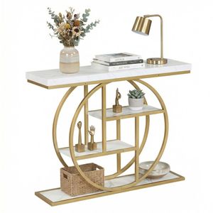 Consolle Moderna da 41 Pollici con 3 Ripiani Aperti, in Rovere, Struttura a O in Metallo, per Ingresso, Tavolo da Divano, Soggiorno, Corridoio - Product Image 5