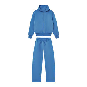 Survêtement décontracté deux pièces pour homme en molleton bouclette de coton doux et épais 340 g/m² avec fermeture éclair intégrale et coupe large, respirant, style streetwear - Product Image 5