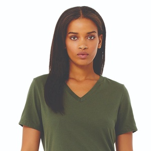 T-shirt décontracté ajusté à col en V pour femme, vert olive uni, en coton, à manches courtes, personnalisable avec logo, vente en gros - Product Image 4