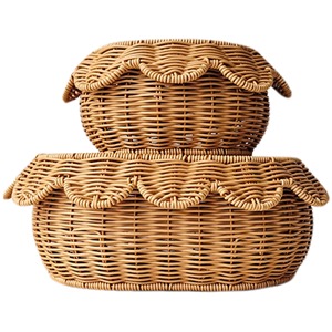 Natural Rattan Storage <b>Baskets</b> Oval Scallop Design <b>Stackable</b> Eco-Friendly Nordic Style For Nursery Kids Room Home Organization - Product Image 5
