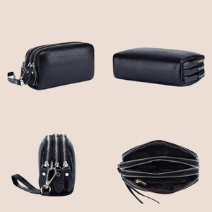 Women's Genuine Leather <b>Zipper</b> <b>Wallet</b> Short Multifunctional Minimalist Daily Use Pink Color with Wrist Strap - Product Image 2