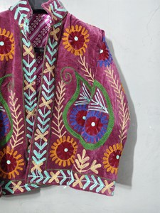 Indian Artisan Statement Outwear Handmade Luxurious <b>Velvet</b> Suzani Jacket Modern Bohemian Style Bold Floral Embroidered <b>Coat</b> - Product Image 4