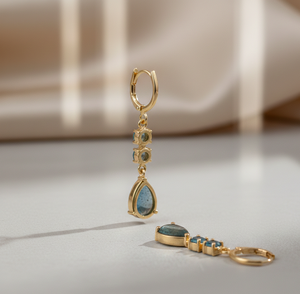 ต่างหูลาบราโดไรต์ดีไซน์เนอร์ประดับบลูโทแพซทรงกลมเงินแท้สำหรับงานปาร์ตี้ ขายส่งเครื่องประดับแฟชั่น - Product Image 2