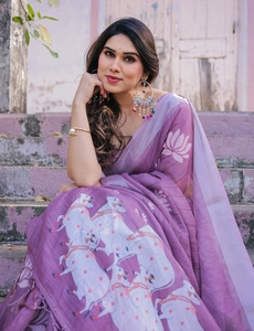 KV <b>Purple</b> Traditional Cotton Linen <b>Saree</b> with Unstitched Blouse for Party Wrinkle Free & Quick Dry - Product Image 2