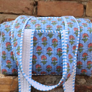 Blue Floral Quilted Cotton Duffel <b>Bag</b> <b>Large</b> Capacity Casual Travel Weekender Handmade Fabric Block Printed Overnight Luggage - Product Image 5