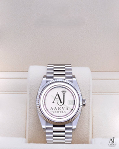 Montre mécanique à cadran blanc, bracelet en acier inoxydable, montre-bracelet avec lunette effet diamant, cadeau d'affaires - Product Image 1