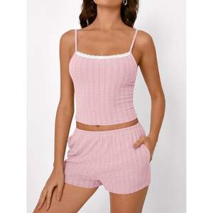 2025 2-Piece Spandex <b>Womens</b> Queen Size <b>Pajama</b> Sets Floral Lace Trim Cami Top and Shorts Perfect <b>Summer</b> Loungewear Outfits - Product Image 4