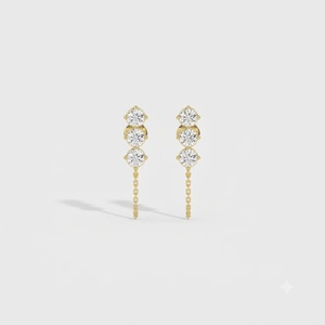 Designed for Double Piercings <b>Stud</b> <b>Chain</b> <b>Earrings</b> with Shimmering Lab Created Diamond Round Cut Diamond in 10K 14K Yellow Gold - Product Image 1