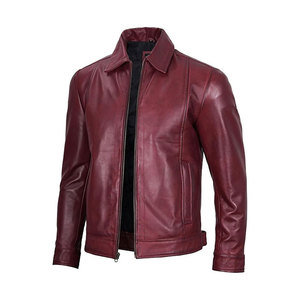 Veste de motard en cuir véritable bordeaux pour homme avec fermeture éclair, col rabattable, coupe classique, pour l'automne - Product Image 1