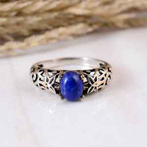 Handmade 925 Sterling <b>Silver</b> Blue Lapis Lazuli Bezel Setting Vintage Boho Leaf Filigree Wedding Party <b>Statement</b> <b>Ring</b> - Product Image 1