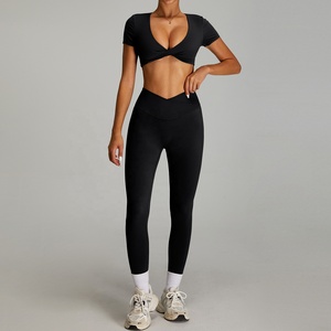 Seamless Yoga Set Black Crop Top High Waist Flared Pants 2 Piece Spandex Polyester Square Neck Spaghetti Strap Full Length - Product Image 3