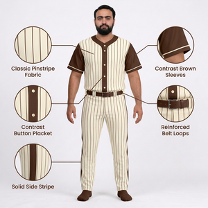 Ensemble de vêtements de baseball pour hommes, maillot rayé et pantalon, manches courtes, fermeture à boutons, respirant, toutes saisons, coupe régulière pour adultes - Product Image 6