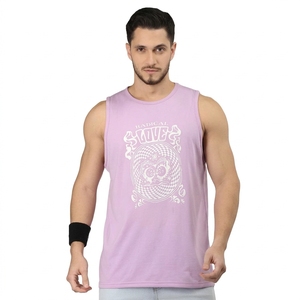 Men's Lavender Sleeveless Tank <b>Top</b> O-Neck <b>Skull</b> Print Casual Wear Knitted Fabric Breathable - Product Image 1