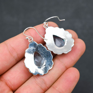 Customised Blue Topaz LAB-CREATED 925 Sterling Silver <b>Earrings</b> 1.9" <b>Handmade</b> Gemstone Jewelry Antique Fine <b>Earring</b> Gift for Wome - Product Image 3