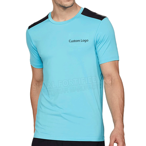 T-shirt de sport pour homme bleu clair à manches courtes, col rond, coupe ajustée, en polyester tricoté, séchage rapide, logo personnalisé imprimé sur le devant - Product Image 2