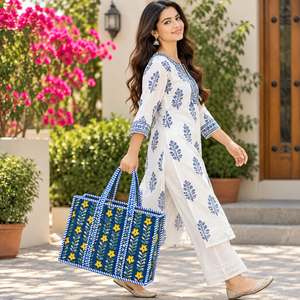 Floral Embroidered Canvas <b>Tote</b> <b>Bag</b> With Blue <b>White</b> Stripe Trim Bohemian Style Open Top Shopping <b>Bag</b> All Seasons - Product Image 2
