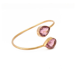 Elegant <b>Gold</b> Plated <b>Adjustable</b> Bangle with Dual Teardrop Pink Stones Minimalist Open Cuff Fashion <b>Bracelet</b> for Women V - Product Image 2
