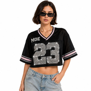 Custom Printed Sports Fashion Black Crop <b>Top</b> American Football Jersey Trending <b>Rhinestone</b> Crystal Loose Fit Women Teamwear Tee - Product Image 1