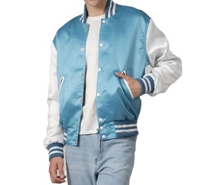 Unisex Light Sky Blue Satin Varsity Bomber <b>Jacket</b> White Sleeves Stand Hooded Zipper Front Twill Patches Chenille Letters Logo - Product Image 3