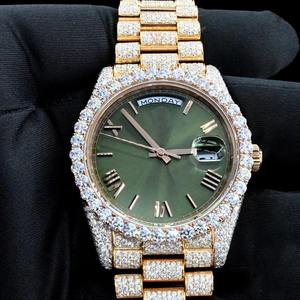 Montre de luxe Hip Hop à cadran vert avec chiffres romains entièrement automatiques, diamants Moissanite, placage or rose, mouvement à quartz, bijoux glacés - Product Image 3