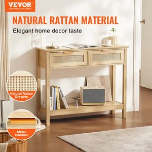 Natural Rattan <b>Console</b> <b>Table</b> with 2 <b>Storage</b> Drawers Sliding Door Entryway Sofa <b>Table</b> Liv Home Decor - Product Image 2