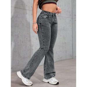 Vaqueros de mujer personalizados de cintura alta, elásticos, ajustados, acampanados, estilo bootcut, en gris, azul oscuro, rasgados, de mezclilla lavada, para verano y otoño. - Product Image 5
