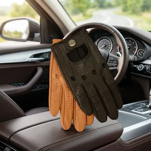 Guantes de Conducción de Piel de Cabra de Alta Calidad hasta la Muñeca en Color Marrón y Negro con Diseño Transpirable sin Forro para Primavera Verano - Product Image 5