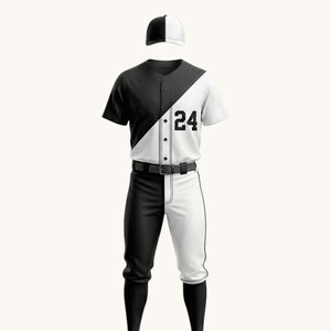 Ensemble uniforme de baseball noir et blanc pour hommes avec numéro 24 imprimé numériquement, maillot et pantalon en polyester respirant pour adultes - Product Image 1