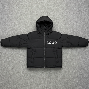 <b>Men's</b> Winter Hooded Puffer <b>Jacket</b> Solid Black Polyester Windproof Casual Zipper Closure Front Logo Design - Product Image 6