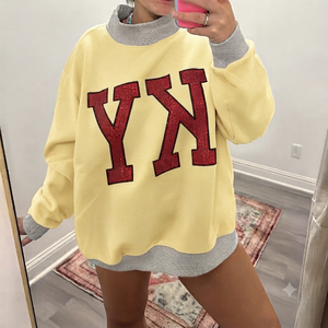 เสื้อสเวตเชิ้ตคอกลมทรงโอเวอร์ไซส์สำหรับผู้หญิง สีเหลือง ประดับกลิตเตอร์ ตัวอักษร YN ทรงปกติ ผ้าถักผสมคอตตอน สไตล์ฤดูใบไม้ร่วง - Product Image 1